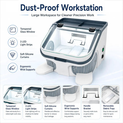 Zhenyuwang Desktop Dental Dust Collector with Bright 3 Sided Shadow Free Led Lights, featuring tempered glass and ergonomic supports.