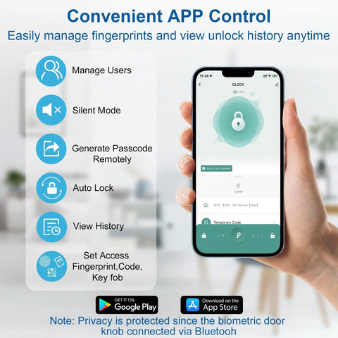 App control screen for Fingerprint Smart Door Lock With Keypad For Keyless Entry 4 In 1 Knob displaying lock status and settings.