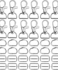 Top Shelf 60 Piece Bag Making Hardware Kit Featuring Swivel Snap Hooks D Rings Slide Buckles in polished silver, 60 pieces total.