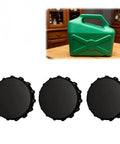 Three black replacement screw caps for water jug with leak resistant seal, ideal for camping bottles, shown on a wooden table.