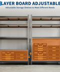 Hella Sturdy Heavy Duty Metal Shelving Rack With Five Adjustable Tiers For Garage And Workshop Storage Rust Resistant Carbon Steel showcasing adjustable shelves.