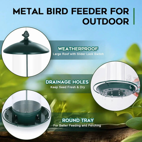 Weatherproof Metal Bird Feeder Outdoors With 360 Degree Feeding Tray Squirrel Resistant Design And Hanging Capability Green