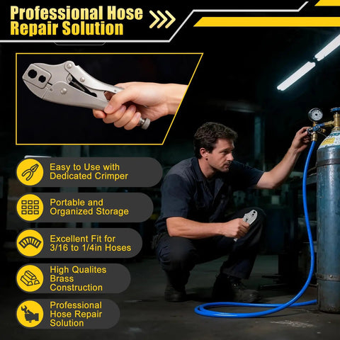 Person using All-In-One Welding Hose Repair Kit With 49 Brass Fittings And Crimper Quick-Connect Barbed Assembly for repairs