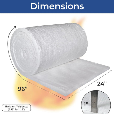 Ceramic fiber insulation blanket roll, front view, 1 in x 24 in x 96 in, 8 lb density, white.