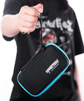 Yo-Yo Storage Bag With Soft Foam Padding, Holds Multiple Yo-Yos And Accessories displayed in hand, black with blue trim