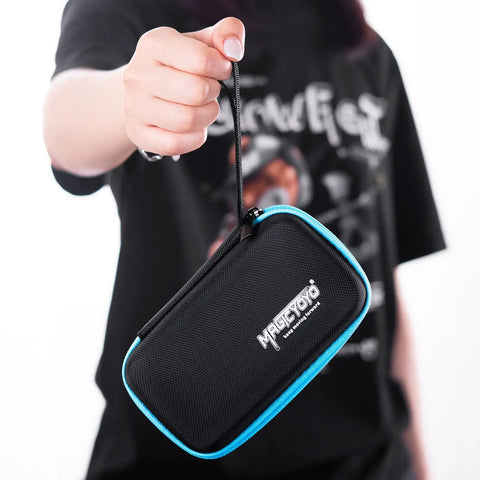 Yo-Yo Storage Bag With Soft Foam Padding, Holds Multiple Yo-Yos And Accessories displayed in hand, black with blue trim