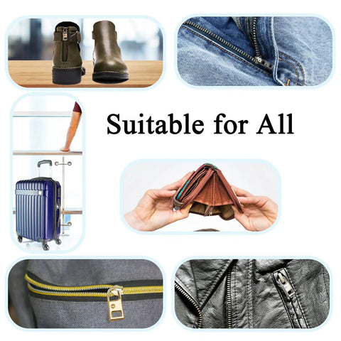 Zipper Pull Replacement Kit Set For Luggage, Clothes, Jackets, Backpacks And Boots with various applications shown.