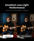 Comparison of low-light performance showing a musician with a guitar, highlighting 4K Streaming Webcam With Uncompressed Video And DSLR Like Controls For Killer Clarity, HDR And Cinematic Effects, 4X Zoom, Fast PDAF Autofocus, USB C Connectivity For PC And Mac on left.