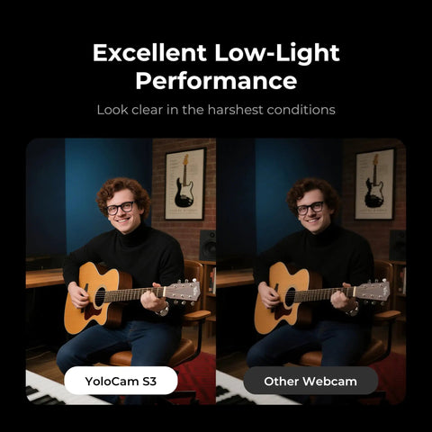 Comparison of low-light performance showing a musician with a guitar, highlighting 4K Streaming Webcam With Uncompressed Video And DSLR Like Controls For Killer Clarity, HDR And Cinematic Effects, 4X Zoom, Fast PDAF Autofocus, USB C Connectivity For PC And Mac on left.