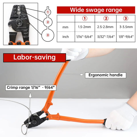 14 Inch Hand Swager Crimper For Aluminum And Copper Cable Sleeves And Ferrules One Sixteenth To One Eighth Inch Three Crimp Sizes Heavy Duty
