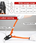 Person using 14 Inch Hand Held Wire Rope Crimping Tool Swager For Aluminum And Copper Sleeves Ferrules, showing ergonomic handle and chart.