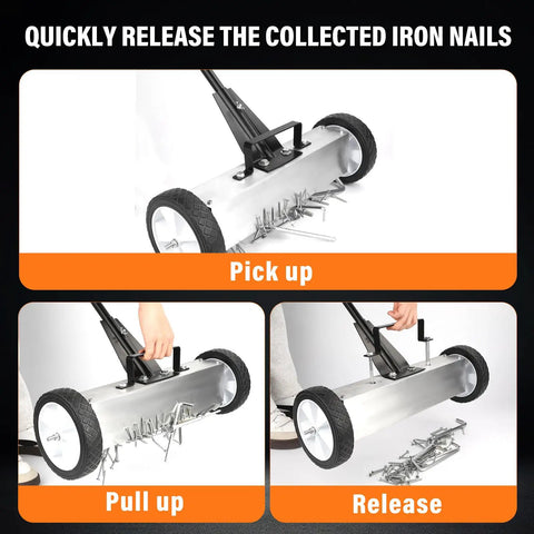 Heavy Duty 45 Pound Magnetic Nail Sweeper With Rollin Wheels Telescopic 17 Inch Broom Large Nail Finder Magnet Tool For Yard Cleanup Quick Nail Pickup Pro Grade Adjustable Handle For Home Projects