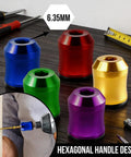 Magnetic Screwdriver Head Ring Set With Universal Bit Holder for Hex Bits showcasing 5 colorful alloy rings on a wooden surface.