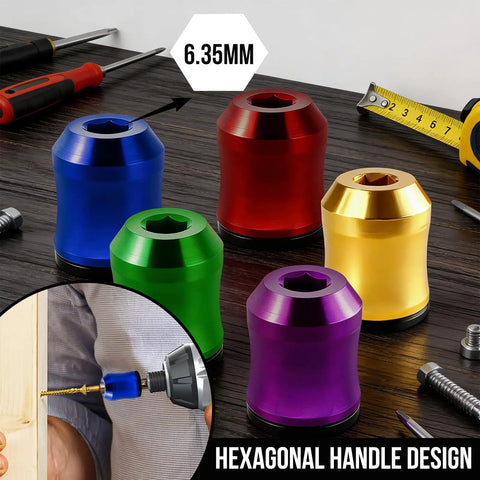 Magnetic Screwdriver Head Ring Set With Universal Bit Holder for Hex Bits showcasing 5 colorful alloy rings on a wooden surface.