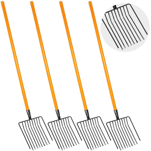 4 Pack 10 Tine Pitch Fork With Long Wooden Handle Heavy Duty Muck Rake Broadfork Garden Tool For Manure Cleanup In Horse Stalls And Farms Durable Steel Tines Comfortable Grip Weather Resistant