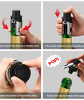 Hands using 2 Pack Champagne Stoppers With Built In Vacuum Pump Black Keeps Bubbles Fresh To The Last Drop And Keeps It Fizzy