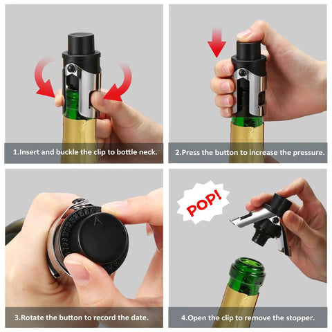 Hands using 2 Pack Champagne Stoppers With Built In Vacuum Pump Black Keeps Bubbles Fresh To The Last Drop And Keeps It Fizzy