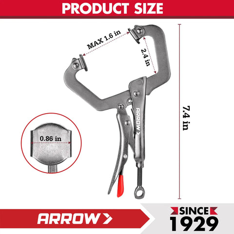Six Inch C Clamp Locking Pliers With Swivel Pads For Welding And Woodworking Through Hole Adjustment And One Handed Release Trigger Boss Grade Heavy Duty Clamp Tool For Metalworking And Woodworking, 7.4 in size diagram