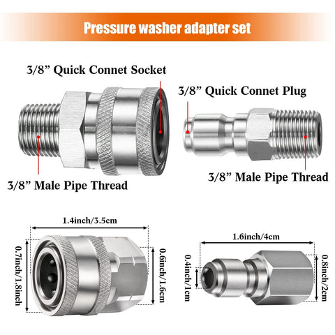 Hotop 2-set stainless steel 3/8 in NPT quick-connect pressure washer adapters: male and female connectors