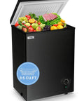 Keep Your Cool With This Badass 3.5 Cubic Foot Chest Freezer Featuring Seven Chill Zones And A Sleek Black Shell with open lid showing food.
