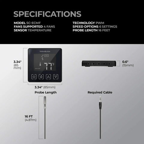 Specifications for Programmable Thermostat Speed Controller For ECMF Series Fans With Temperature Probe