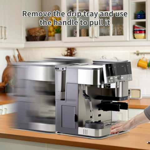 Front view of Ninja espresso machine with transparent acrylic sliding tray accessory on kitchen counter.