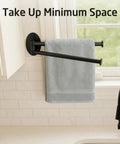 Top Shelf Swivel Towel Bar For Kitchen And Bathroom, 9 Inch Wall Mounted Black Stainless Steel Holder showing grey towel in use.