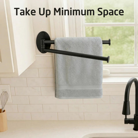 Top Shelf Swivel Towel Bar For Kitchen And Bathroom, 9 Inch Wall Mounted Black Stainless Steel Holder showing grey towel in use.