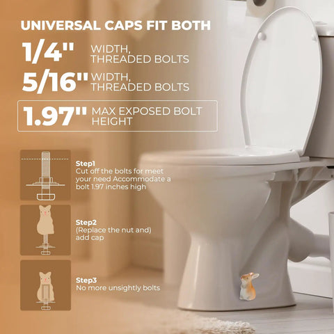 Darn Cute Ceramic Bunny Toilet Bolt Caps Universal Fit For Rusty Bolts Thick Base Hides Exposed Screws Heavy Duty Adhesive Pads Bathroom Glow Up with installation steps. 1/4" and 5/16" bolts.
