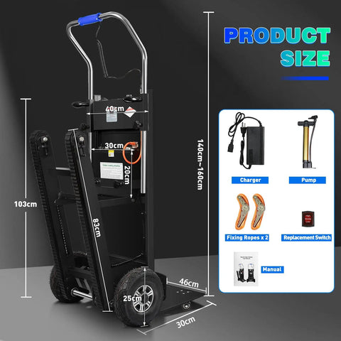 Upgrade Your Heavy Lifting Game With This Badass 1250 Watt Electric Stair Climbing Hand Truck showing dimensions and tools.
