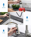 Top Shelf Stainless Steel Kitchen Faucet With Slick Pull Down Sprayer And Cold Forward Handle For Lead Free Safety and No Sweat Daily Sink Chores Plus Easy DIY Setup showing stream, spray and pause modes.