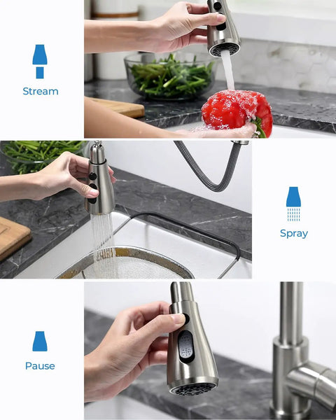 Top Shelf Stainless Steel Kitchen Faucet With Slick Pull Down Sprayer And Cold Forward Handle For Lead Free Safety and No Sweat Daily Sink Chores Plus Easy DIY Setup showing stream, spray and pause modes.