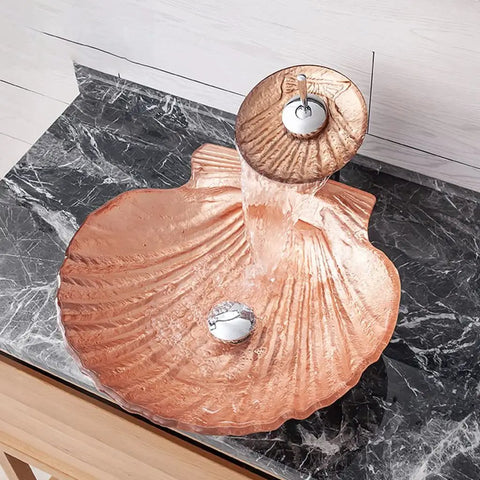 Artistic Bathroom Vessel Sink Shell Shaped Crystal Glass Wash Bowl Sink Counter Top Installation with faucet and drain.