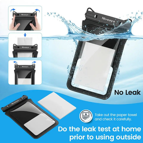 Demonstration of IPX8 Waterproof Phone Pouch Dual Pack 8.3 Inch Case With Lanyard submerged in water, showing no leakage.