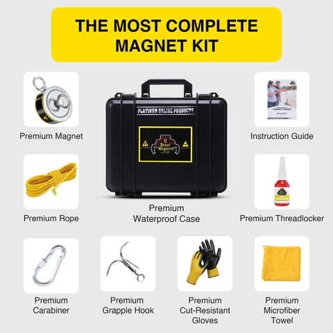 Double-Sided Magnet Fishing Kit With Case And Gear, 1320Lb Neodymium N52 Magnets, 65ft Rope, Carabiner, Gloves, Grappling Hook, Carry Case