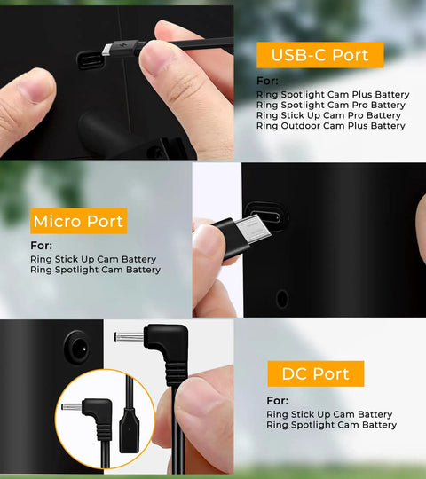 8W Solar Panel Charger For Stick Up Cam Battery And Spotlight Cam Battery, USB C Micro DC port adapters close-up