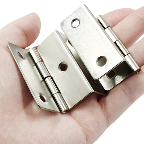 Sweet Deal Silver Three Fold Cabinet Hinges For Wood Doors And Furniture Drawers With Quick Grip Screws 2 X 2.2 Inch Plates held in hand.