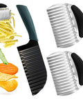 3-piece crinkle cutter knife set with stainless steel blades; two ribbed blades for fries and veggies