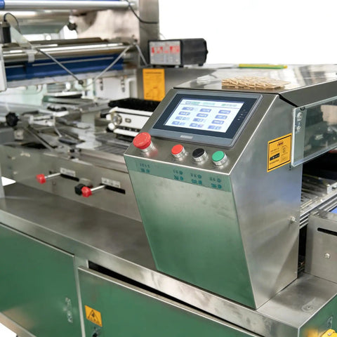 Hassle Free Compact Horizontal Flow Packager And Slick Shrink Wrapping Machine control panel with touchscreen and buttons.