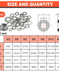 600 Piece Flat Washers Set For Screws And Bolts 304 Stainless Steel Assortment Kit With 7 Sizes M3 M12 size chart and dimensions