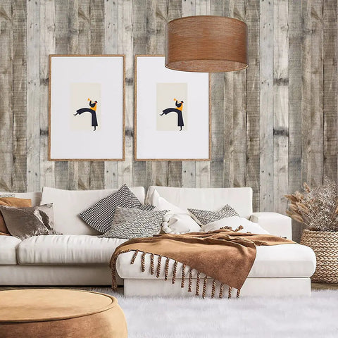 Living room with Light Gray Wood Peel And Stick Wallpaper 17.7 Inch By 393.7 Inch 48.4 Sq Ft Roll Self Adhesive Distressed Wood Plank Texture