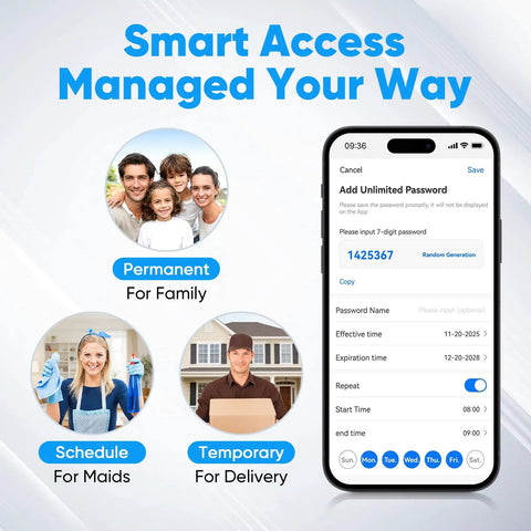 Smart access management app showing family and temporary access settings for a Premium Smart WiFi Door Lock Featuring Rapid Facial Recognition And Palm Vein Fingerprint Scanning For No Sweat Keyless Entry Smooth Alexa Voice Control And Compact Doorbell Chime Built For Real World Homes Seeking Airtight Security And Stress Free Daily.