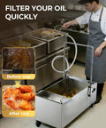 Heavy Duty Commercial Fryer Oil Filter Cart With Wheels For Restaurant Kitchens Fifteen Gallon Stainless Steel Unit in use.