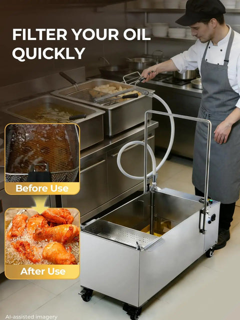 Heavy Duty Commercial Fryer Oil Filter Cart With Wheels For Restaurant Kitchens Fifteen Gallon Stainless Steel Unit in use.