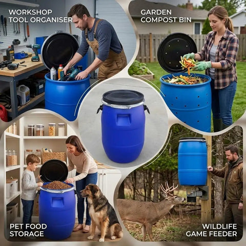 Rugged Blue Heavy Duty Plastic Water Storage Drum With Airtight Lid Beefy Food Grade Rain Barrel for multiple uses