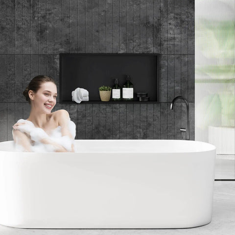 Modern bathroom with a woman in a bathtub and a Stainless Steel Shower Niche for Bathroom Storage, Recessed, No Tiling Required, 24x12 Inches, Antique Copper Finish.