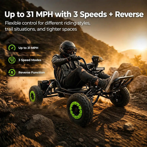 Rider on Off Road Electric Go Kart For Teens And Adults With 48V 2000W Brushless Motor Peak 2500W on rocky terrain at sunset