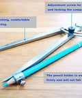 Badass Heavy Duty Carbon Steel Wing Divider Locking Caliper With Integrated Pencil Cup on wooden surface with blue pencil.