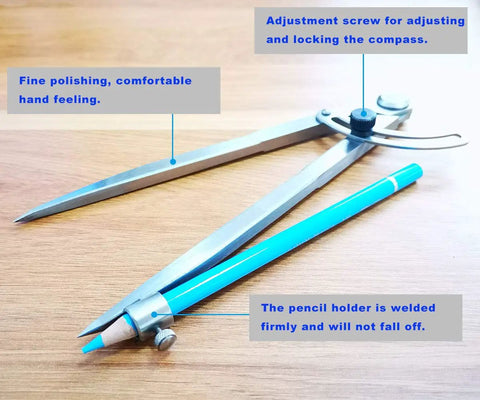 Badass Heavy Duty Carbon Steel Wing Divider Locking Caliper With Integrated Pencil Cup on wooden surface with blue pencil.