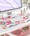 Large Pink Floral Desk Pad For Computer And Gaming Setup 31.5 Inch By 15.7 Inch Waterproof PU Leather Extended Mouse Mat with keyboard space.